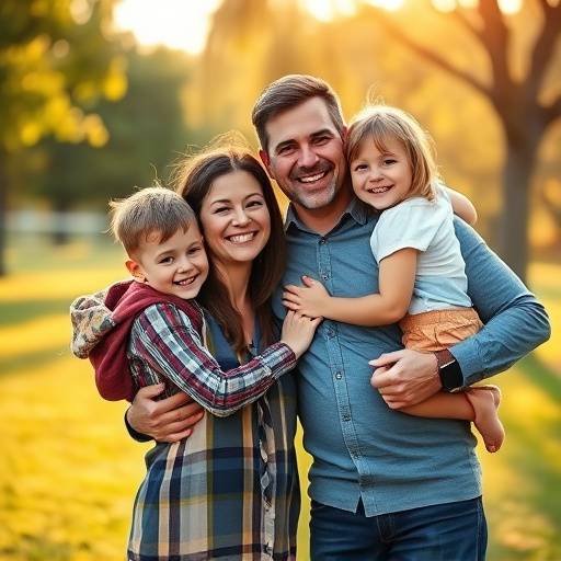 A family portrait with two children laughing and embracing their parents in a park
