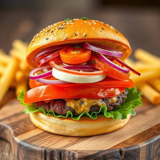 A food photography shot of a gourmet burger with colorful toppings on a wooden board