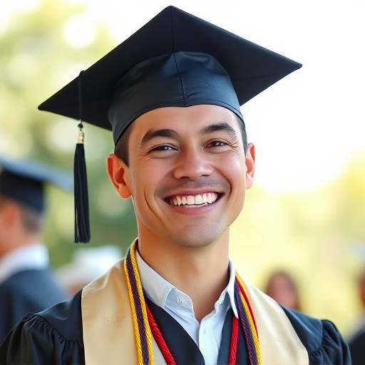 A graduate in cap and gown smiling with their diploma