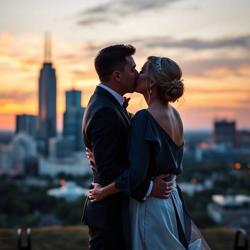 A newlywed couple kissing in front of the Charlotte skyline, captured by Luminary Lens Studio