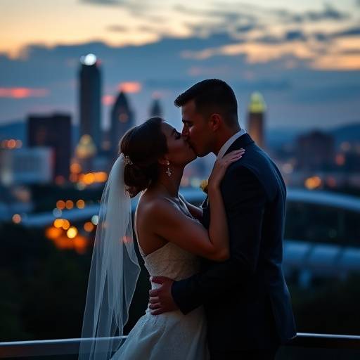 A newlywed couple sharing a kiss under a twilight sky in Charlotte, NC