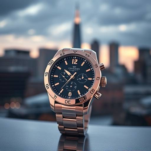 A product shot of a luxury watch with a blurred background of the Charlotte cityscape