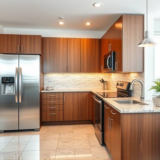 A real estate photograph of a modern kitchen with stainless steel appliances and granite countertops