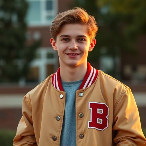 A senior portrait of a high school student with their letterman jacket in front of their school