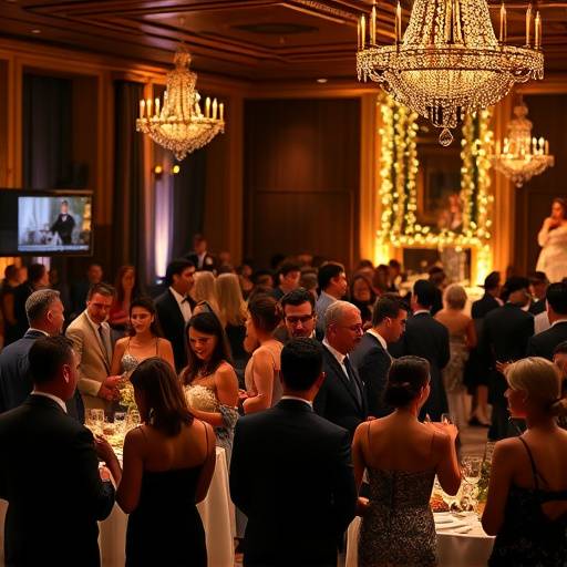 Attendees networking at a gala event with elegant decorations and live music