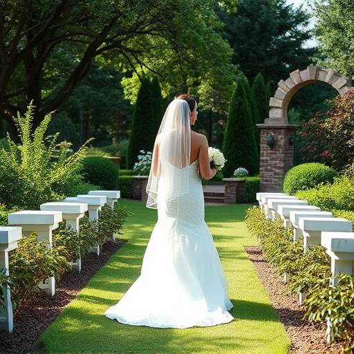 Bride walking down the aisle at a garden wedding in a Charlotte botanical garden