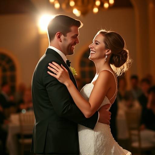 Candid photo of the bride and groom laughing during their first dance